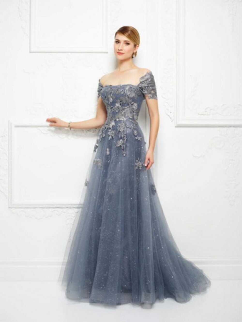 Ivonne D Mon Cheri Wedgewood Blue Floral Embroidered Strapless Gown